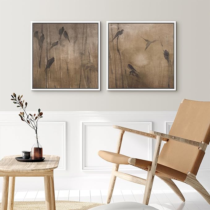 SIGNFORD Framed Canvas Print Wall Art Set Minimalist Bird Silhouette Neutral Brown Abstract Nature Modern Art Relax/Calm for Living Room, Bedroom, Office - 24"x24"x2 WHITE
