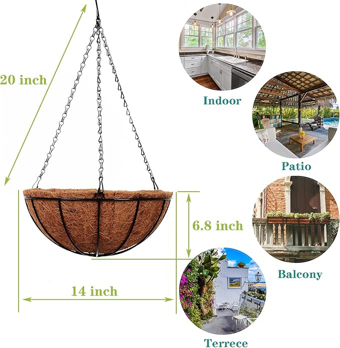 Hanging Planters Basket Outdoor Indoor(14 inch 4 Pack)-Coconut Coir Hanging Baskets for Plants Outdoor,Metal Wire Baskets with Coco Liner Window Box Planters, Hanging Flower Pots for Railings