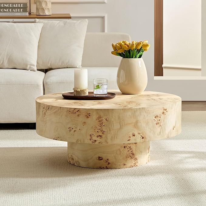 31.49" Round Coffee Table with Burl Wood Veneer & Sturdy Pedestal, Modern Luxury Circle Drum Center Table, Accent Side Table End Table for Living Room Apartment, Natural