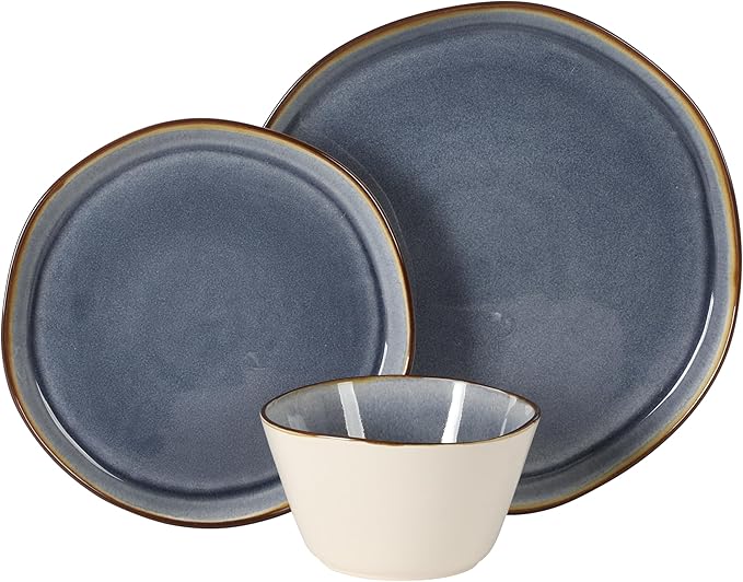 Gibson Elite Algeria River Plates and Bowls Sets, 12-Piece Stoneware Dinnerware Sets, Reactive Glaze Dish Set - Blue