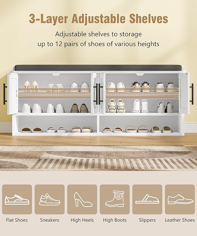 Farmhouse Shoe Storage Bench with Cushion, 47.2" Wide Entryway Bench with Adjustable Shelves and Open Bottom Shelf, Hidden Shoe Cabinet Storage for Entryway, Hallway, Bedroom White