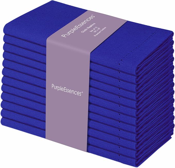 PurpleEssences Set of 12 Hemstitch Cloth Dinner Napkins 100% Cotton - Soft Durable Washable - Ideal for Wedding Spring Easter Summer - Perfect Everyday Use Table Linen 18x18 - Royal Blue