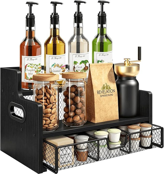Homode Coffee Syrup Organizer Rack, 3-Tier Syrup Holder Stand with 35 K Cup Storage Drawer, 8 Bottles Capacity, Wood Shelf Liquor Wine Rack for Coffee Bar Countertop, Black