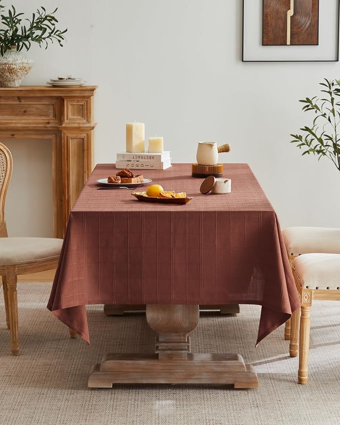 ZeeMart Linen Checked Table Cloth 52x52 Inches, Farmhouse Style Plaid Embroidered Water Resistant Square Table Cover, Terracota