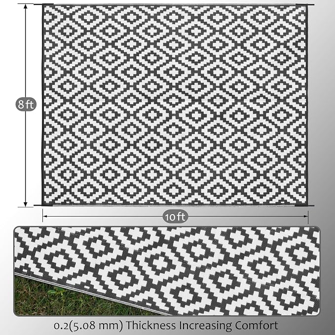 SAND MINE Waterproof Outdoor Rug 8x10 ft, Plastic Reversible Rug, Modern Area Rug, Large Floor Mat for Outdoors, RV, Patio, Backyard, Deck, Picnic, Beach, Camping (8' x 10', Black & White Lattice)