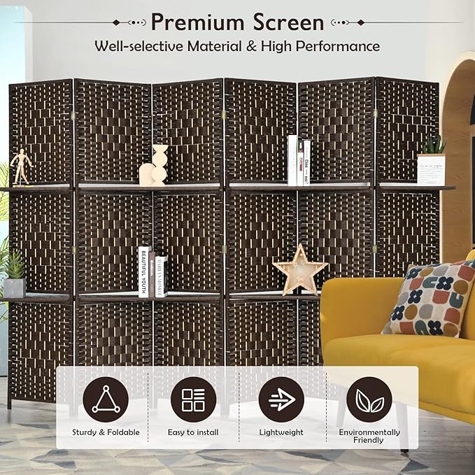 Giantex 6Ft 6 Panel Room Divider with Shelves, Freestanding Hand-Woven Rattan Folding Privacy Screens for Room Separation, Wooden Partition Room Divider Wall for Home Office Studio Separator