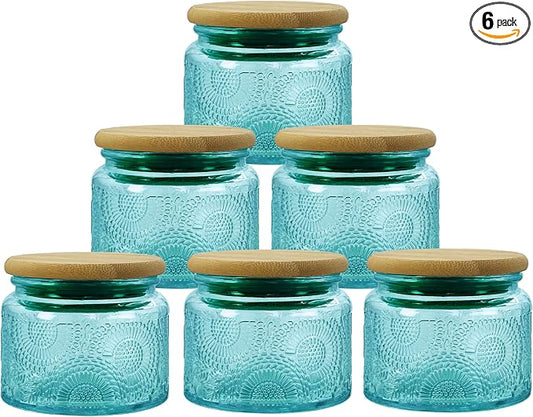 4 oz Blue Mini Glass Jars with Airtight Bamboo Lids 6 pack, Decorative Small Food Storage Canister, Vintage Embossed Home Décor Candle Parties Wedding Baby Shower Favors Gift