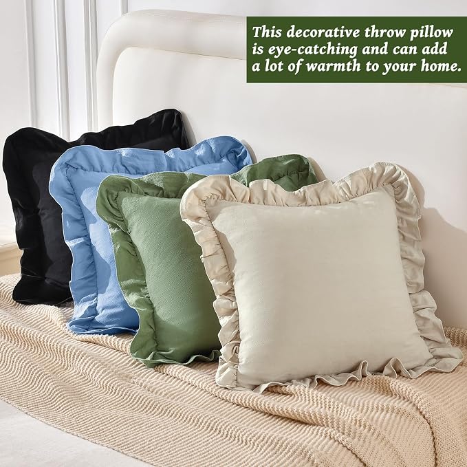 AmHoo Pack of 2 Throw Pillow Covers 100% Cotton Pre Washed Ruffle Decorative Pillowcase Cushion for Couch Sofa Bedroom 20 x 20-Inch Beige