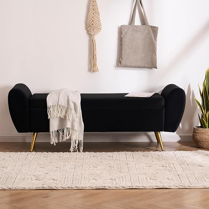 Velvet Storage Bench for Bedroom, 57" Long Bench for King Size Bed, Modern Upholstered End of Bed Ottoman Bench with Arms and Gold Legs for Entryway Living Room (Black)