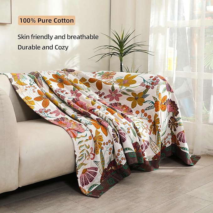 VANJOROY King Boho Throw Blanket for Bed, 100% Cotton Muslin Soft Throw-Floral Farmhouse Rustic Decor Blanket for Couch Sofa Quilt and Gift, 91" x 98"-BeigeWhite