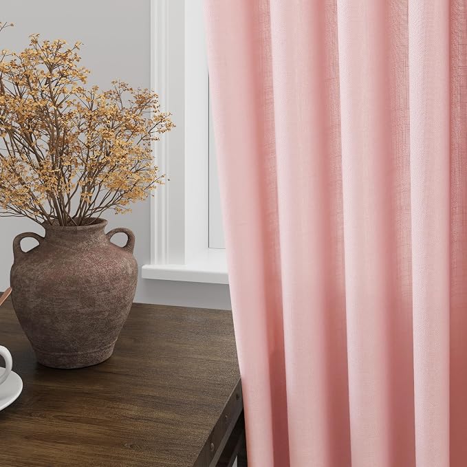 Extra Long Pink Linen Curtains 120 Inch for Kids Bedroom 2 Panels Set Rod Pocket Back Tab Light Filtering Semi Sheer Soft Linen Window Drapes Privacy High Ceiling Drapes for Farmhouse 52x120