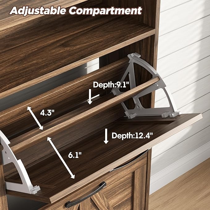 Vabches Shoe Cabinet with 4 Flip Drawers,Narrow Shoe Storage Cabinet for Entryway,Farmhouse Freestanding Shoe Organizer Rack for Hallway,Dark Walnut