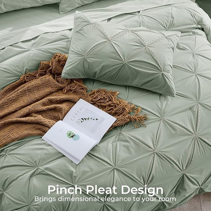 Sasttie King Size Comforter Set, 7-Piece Bed in a Bag, Pintuck Bedding Sets for All Season, Includes Comforter, Flat Sheet, Fitted Sheet, Pillowcases and Pillowshams, Dusty Green