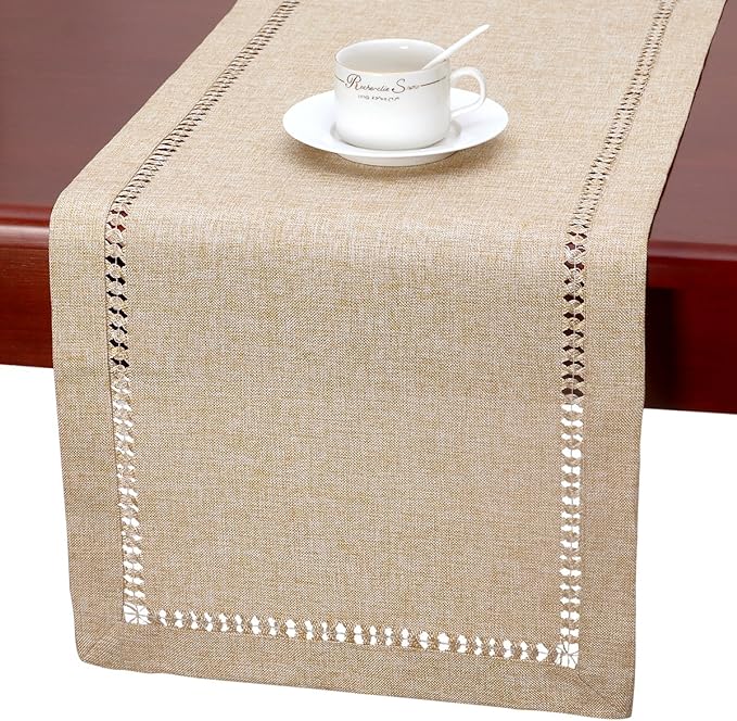 Grelucgo Super Large Handmade Hemstitch Beige Table Runner, Rectangular 14 by 144 Inch