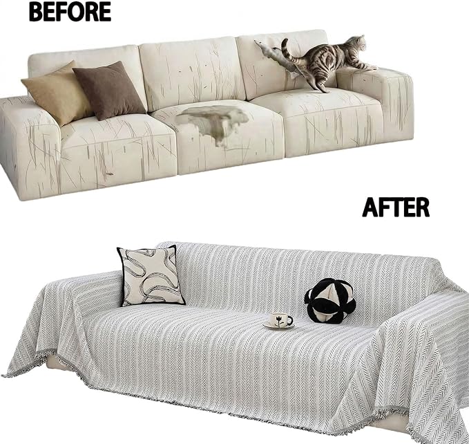 Chenille Couch Cover for Sofa Non Slip Cover Washable Pet Scratch Couch Covers Tassel Sofa Slipcover for 3 Cushion Couch Furniture Protector Blanket for Living Room,Beige 71"x150"