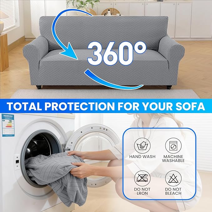 Stretch Sofa Slipcover 3 Cushion Couch X-Large Sofa Cover,91"-110" Non Slip Soft Couch Sofa Cover Washable Furniture Protector with Non Skid Foam and Elastic Bottom for Kids, Pets,Light Gray