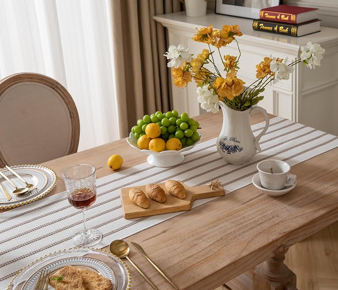 Caflife Boho Table Runner 72 Inchs Long Taupe and Beige, Cotton and Linen Woven with Tassels, for Modern Rustic Farmhouse Neutral Table Runners, Bohemian Kitchen Dining Table Home Decor