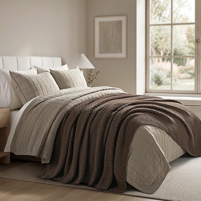 EVERGRACEHOME Chunky Polyester Knit Throw Blanket for Couch, Soft Luxurious Oversized King Moss Stitch Blanket for Bed, Large Cozy Farmhouse Knitted Throw for Sofa, Cocoa Brown, 108" x 92"