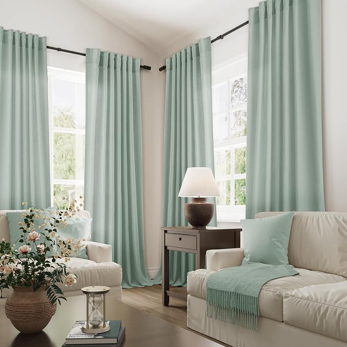 Joywell Aqua Green Linen Curtains 108 Inches Length Light Filtering Neutral Farmhouse Boho Rod Pocket Back Tab Hook Belt Clip Rings Semi Sheer Window Drapes for Bedroom Living Room 2 Panels 52x108