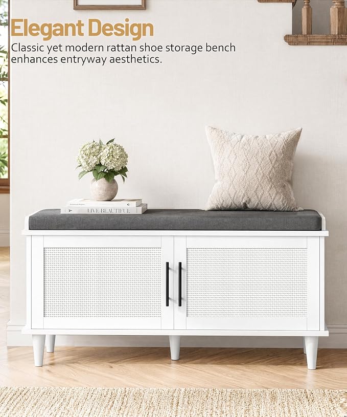 Akxomel Rattan Shoe Storage Bench with Cushion, 2-Tier Entryway Bench with Adjustable Shelves and 2 Doors, 15" D x 39.4" W x 20" H, Solid Wood Legs, for Hallway, Living Room, Bedroom, White