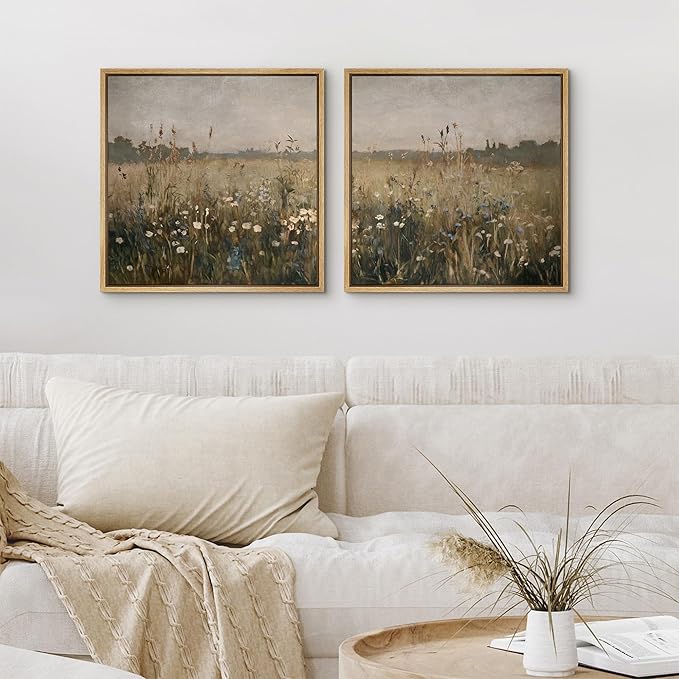 SIGNFORD Framed Canvas Print Wall Art Set Wildflower Field Landscape Meadow Floral Illustrations Modern Art Minimal Relax/Calm for Living Room, Bedroom, Office - 24"x24"x2 Natural