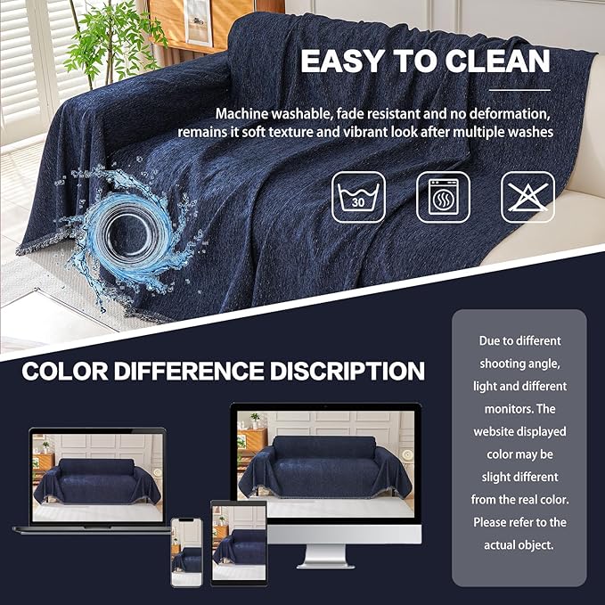 DREAMINGO Chenille Couch Cover Modern Solid Versatile Sofa Covers for 2 Cushion Couch Washable Furniture Protector Navy Blue Couch Cover Blanket for Loveseat Sectional with Tassel, 91"x118"
