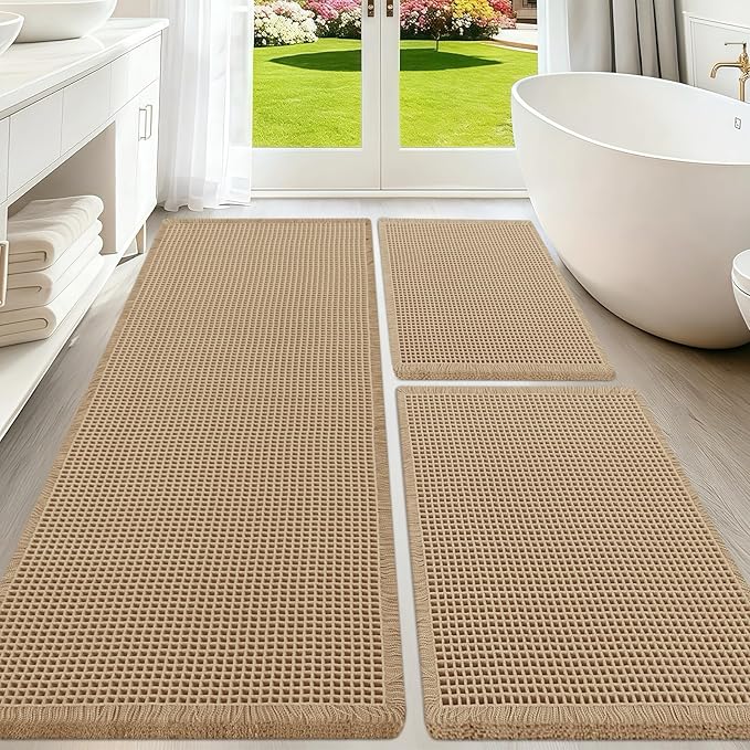 Upgraded Waffle Bath Mat Set 3 Piece Beige, Super Absorbent Non-Slip Quick Dry Bathroom Rugs with Tassels, Machine Washable Ultra Soft Boho Bath Rugs for Floor, Toilet Mats Boho Farmhouse Decor