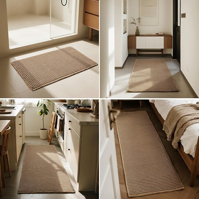 Triohero Waffle Bath Mat, Small Boho Bathroom Rugs Non Slip Washable, Ultra Soft Super Absorbent Quick Dry Farmhouse Bathroom Decor, 16" x 24", Khaki