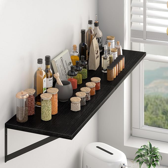 Heimlove Black Deep Floating Shelves for Wall, 20W x 12D Wood Wall Shelves Set of 2, Wide Floating Bookshelf for Living Room, Kitchen, Office, Bedroom and Decor Storage, with Metal Bracket - Black