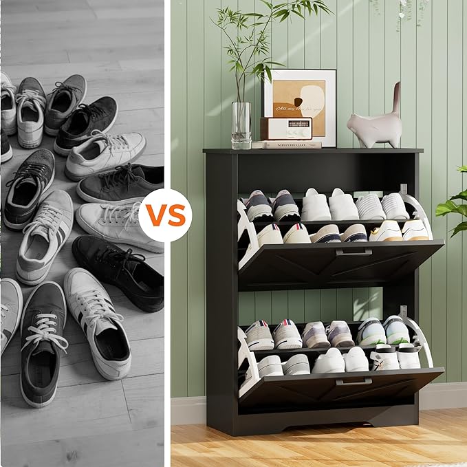 Homleke Farmhouse Shoe Cabinet for Entryway with Barn-Style Flip Drawers, Narrow Shoe Storage Organizer with Top Display Shelf, Adjustable Shelves, Shoe Rack for Hallway, Closet- (Black, 24")