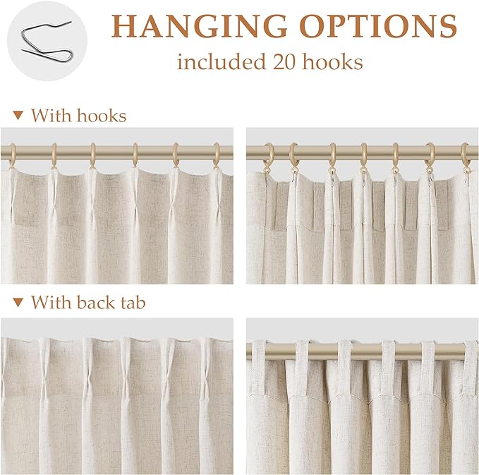 Aersas Natural Pinch Pleat Linen Curtains 95 Inch Length 2 Panels Set for Bedroom Dining Room Semi Sheer Linen Boho Farmhouse Neutral Window Curtains 95 Inches Long for Living Room Nursery 50x95