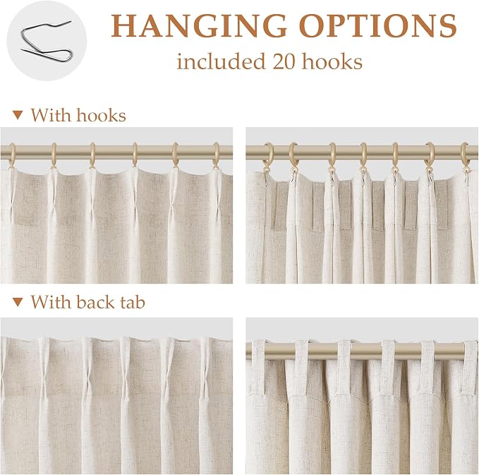 Aersas Natural Pinch Pleat Linen Curtains 92 Inch Length 2 Panels Set for Bedroom Dining Room Semi Sheer Linen Boho Farmhouse Neutral Window Curtains 92 Inches Long for Living Room Nursery 50x92