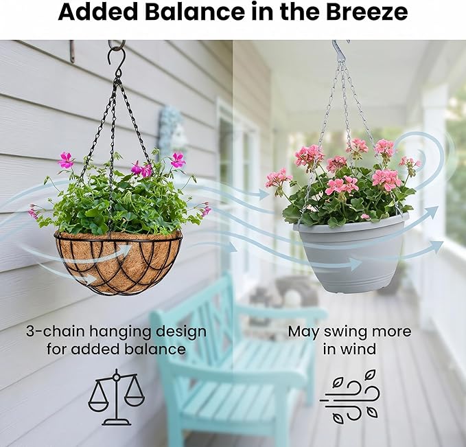Kingbuy 12 Inch Metal Hanging Planter Basket 2 Pack - with Coconut Fiber Liners, Rustproof 3-Chain System, Quick Drainage for Indoor/Outdoor Window Balcony Patio, Weather-Resistant Coating