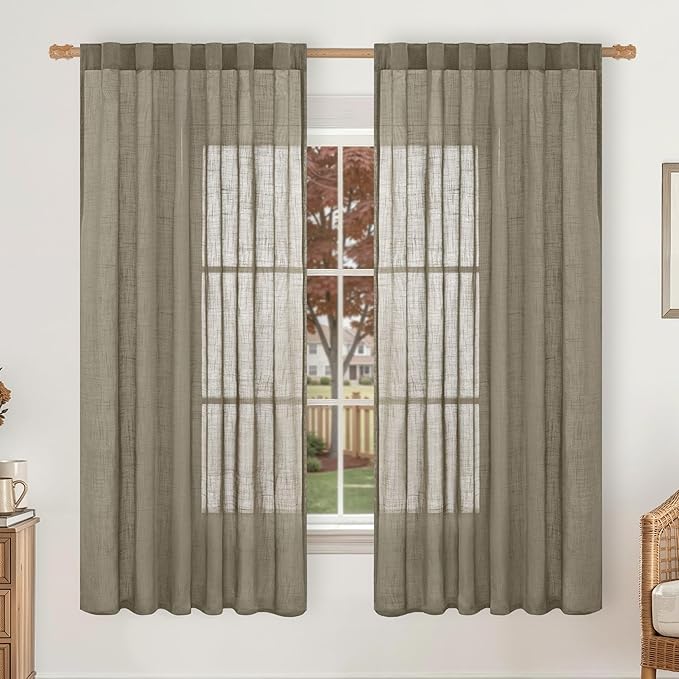 LAMIT Sheer Linen Curtains 63 Inch for Bedroom, Light Filtering Country Decor Semi Sheer Farmhouse Boho Curtains Back Tab and Rod Pocket Living Room Panels, Taupe, 2 Panels, 52 x 63 Inch
