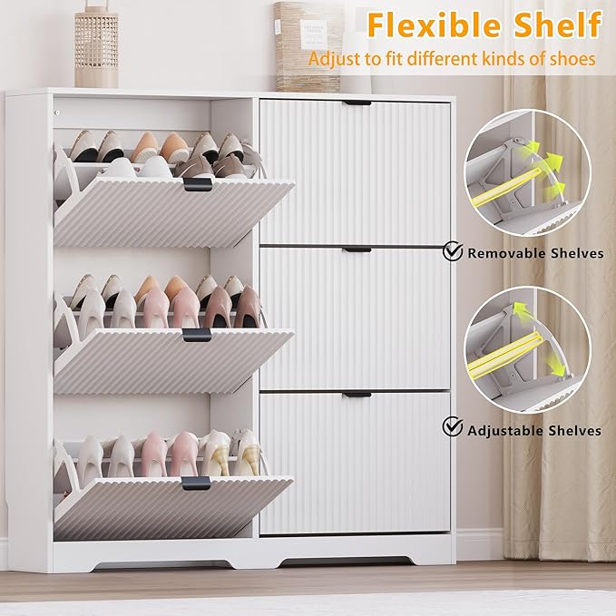BORNOON Large Shoe Cabinet for Entryway, Tall Narrow Shoe Storage Cabinet with 6 Flip Drawers and Adjustable Shelves, Shoe Rack Cabinet Organizer for Hallway, Foyer, Small Apartment