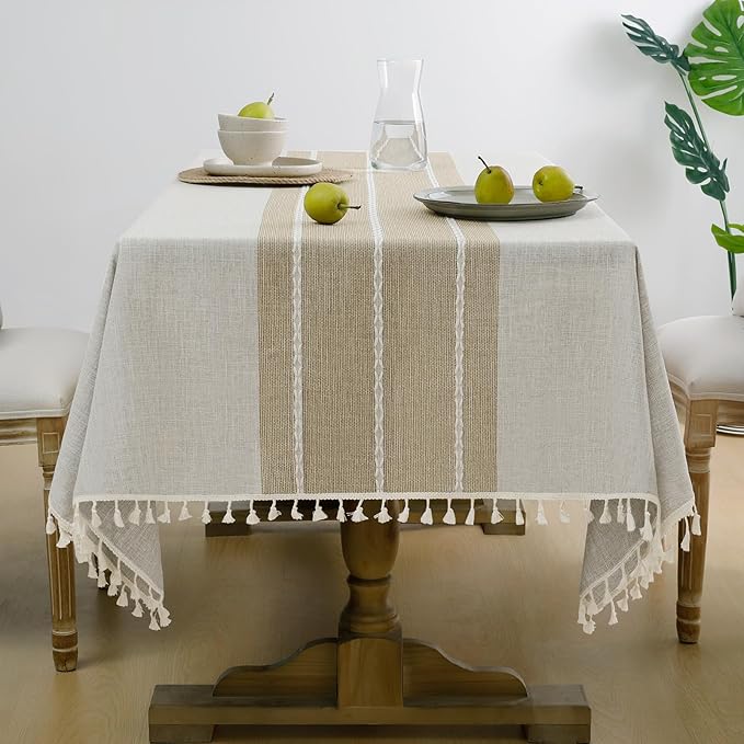 Softalker Outdoor Tablecloth Rectangle, Waterproof Linen Cotton Farmhouse Table Cloths with Tassel, Heavy Weight Wrinkle Free Boho Table Cover for Picnic Camping Dining - 55 x 102 Inch, Coffee Lines