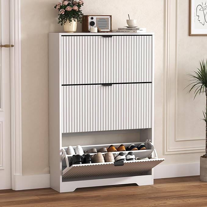HUANLEGO Shoe Cabinet Storage for Entryway with 3 Flip Drawers, White Fluted Shoe Cabinet with Adjustable Shelves, Wooden Hidden Shoe Rack Freestanding Narrow Slim Shoes Storage for Hallway, Entrance