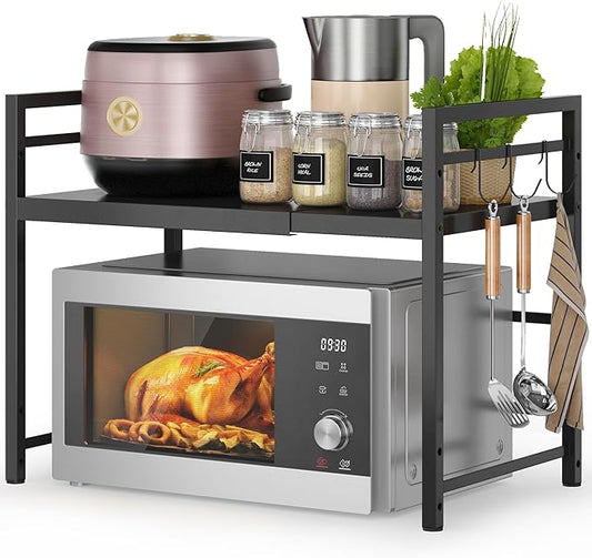 DOLALIKE Microwave Oven Rack, Expandable Microwave Stand Countertop Kitchen Utensils Tableware Storage, Carbon Steel Over Microwave Shelf Countertop with 3 Hooks
