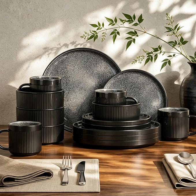 Kitchen Academy Fluted Ceramic Dinnerware Sets for 4, 16Pcs Stoneware Plates and Bowls Sets Non Toxic, Black Dishes Set, Oven & Microwave & Dishwasher Safe