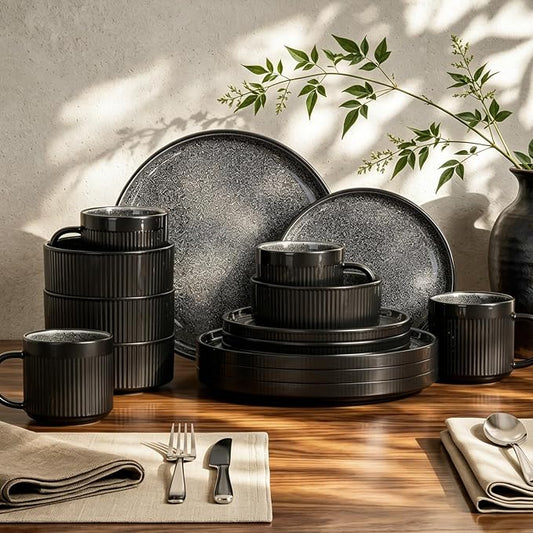 Kitchen Academy Fluted Ceramic Dinnerware Sets for 4, 16Pcs Stoneware Plates and Bowls Sets Non Toxic, Black Dishes Set, Oven & Microwave & Dishwasher Safe
