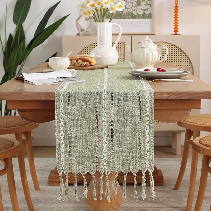Yicorgard Farmhouse Table Runner Rustic Style 13“ x 90”, Braided Striped Linen Fall Table Runner 90 Inches Long with Tassels for Dining Room Kitchen Reading Dresser Décor,Green