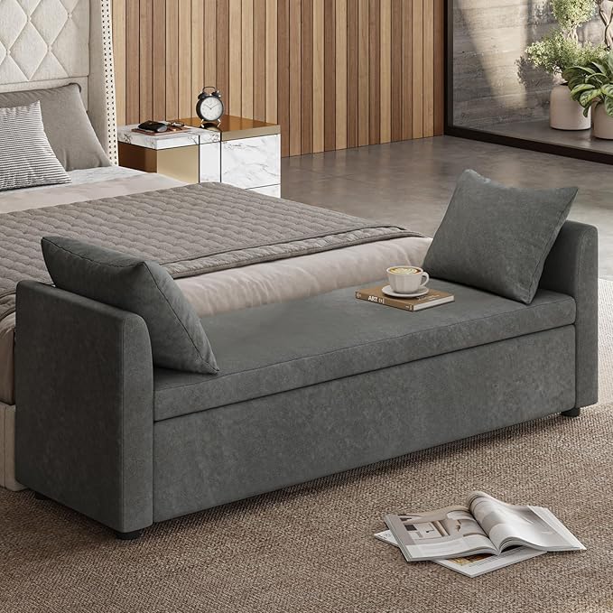 EcoHarbor Storage Ottoman Bench with Pillows, 59.4" End of Bed Bedroom Bench with Arms, Footrest Stool for Living, Dining Room, Entryway and Hallway, Charcoal