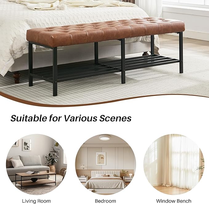 SOFTHION 55.5" End of Bed Bench, Modern Leather Button Tufted Bedroom Bench, Upholstered Storage Shoe Bench with Metal Base, Dinning Table Bench for Living Room, Bedroom, Entryway,Brown