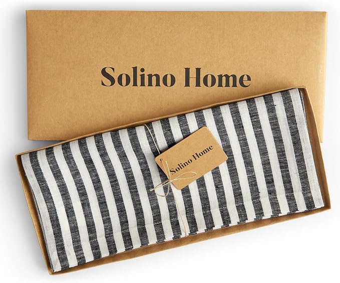 Solino Home Linen Table Runner 144 Inches Long - Amalfi Stripe, 100% Pure Linen Black and White Table Runner 14 x 144 Inch for Dining, Summer
