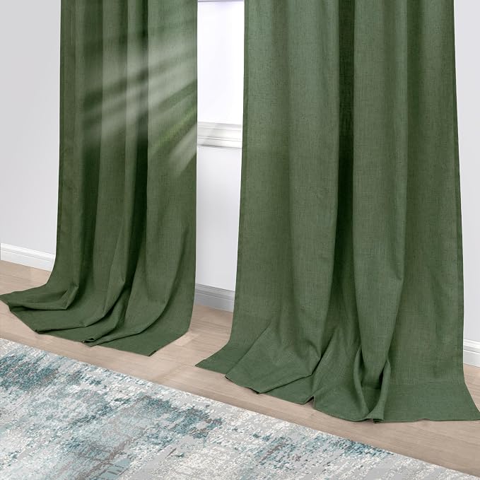 KOUFALL Olive Green Back Tab Rod Pocket Linen Sheer Curtains 52 by 96 for Bedroom