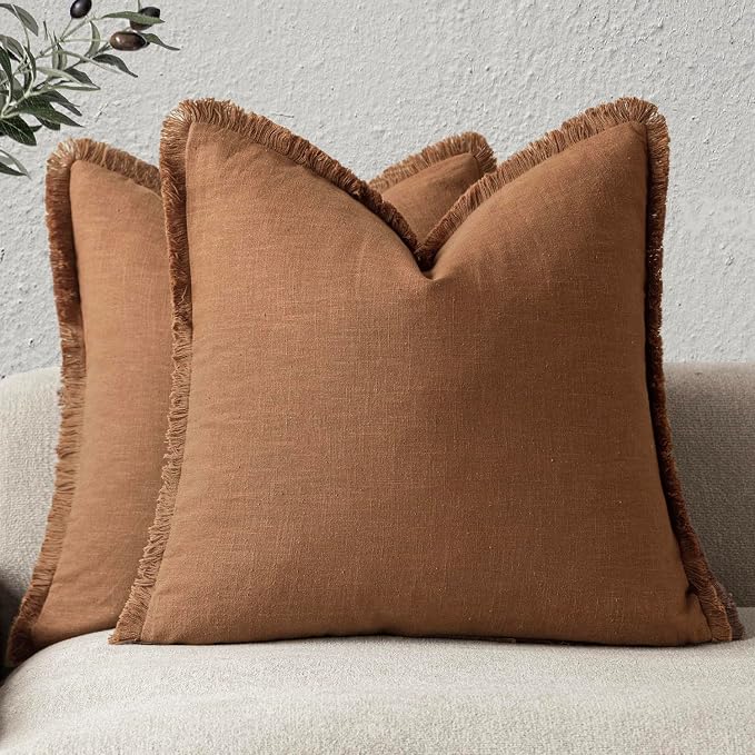 Foindtower Set of 2 Decorative Linen Fringe Throw Pillow Covers Boho Farmhouse Cushion Cover with Tassels Soft Accent Pillowcase for Couch Sofa Bed Living Room Home Decor,18×18 Inch,Orange Brown
