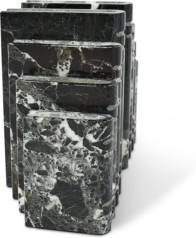 Library Style Solid Marble Bookends - Set of 2 Heavy Decorative Book Stoppers with Non-Skid Bottom – All Natural Polished Marble Bookend Black + White (7x4x5 inches)