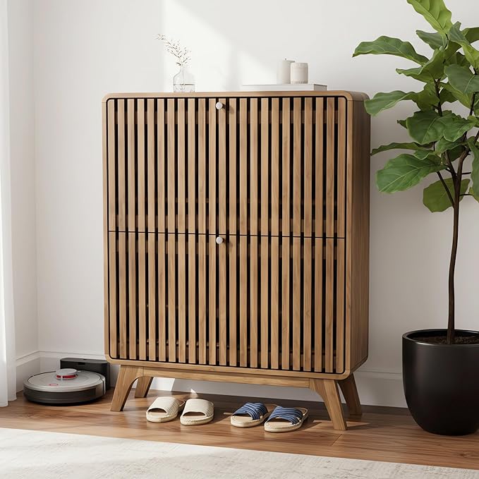 Jluomei Fluted Narrow Shoe Cabinet for Entryway, Slim Wood Shoe Storage Cabinet with Flip Drawers, Bamboo Thin Shoe Rack Organizer for Entry Way, Hallway, Hidden, Walnut