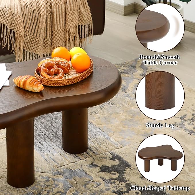 34"(L) Cloud Coffee Table, Modern Wood Coffee Table for Living Room, Accent Center Tables with 3 Legs, Small Tea Tables for Balcony, Patio, Bedroom, Walnut