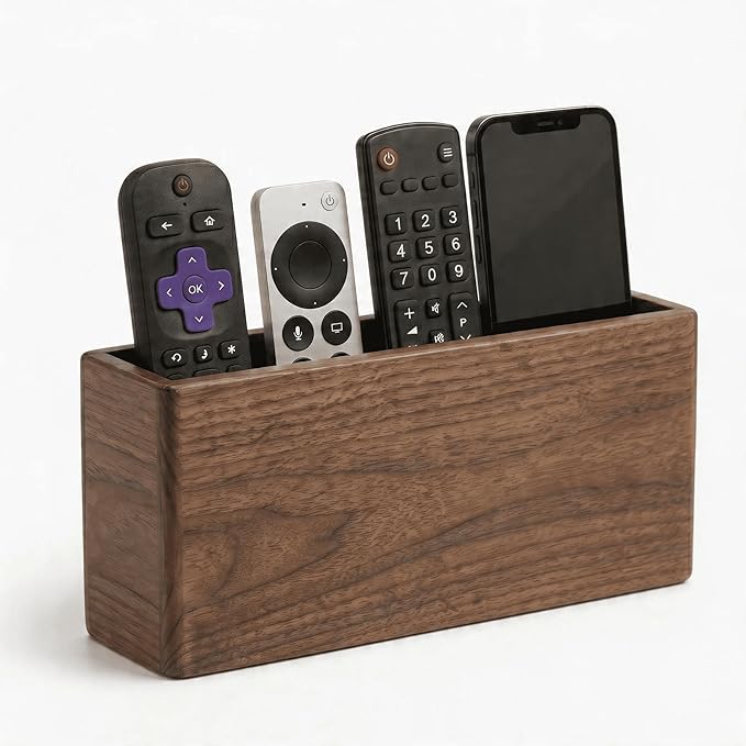 Wall Mount Remote Control Holder, Dark Walnut Wood TV Remote Organizer & Phone Caddy, No-Drill Space-Saving Wall Storage for Living Room, Office, Bedroom and Bedside